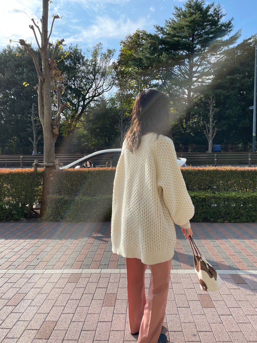「秋冬コーデ、シンプル、オトナ女子、秋コーデ、ラクチンコーデ、ニット/セーター、ミニバッグ、ゆるニット、ローファー、ケーブルニット、サテンパンツ、巾着バッグ、ピンク」｜「SHENERYのハラコ巾着バッグ（トートバッグ、ブラウン系）」を使った、rionaさん（レディース・158cm）の秋コーディネートの3枚目の写真