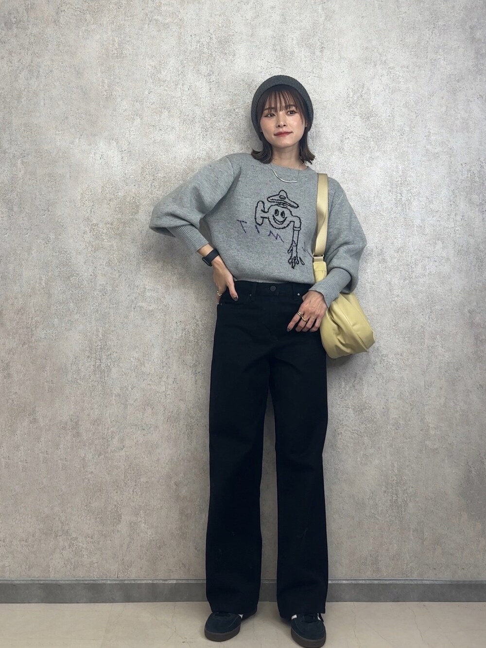 「重ね着ベストシーズン、PR、UNIQLO、GU、パントビスコ、yunco_de、153cm、低身長コーデ」｜「Ungridのリブ編みニット帽（ニットキャップ/ビーニー、グレー系）」を使った、yunさん（レディース・153cm）の秋コーディネートの2枚目の写真