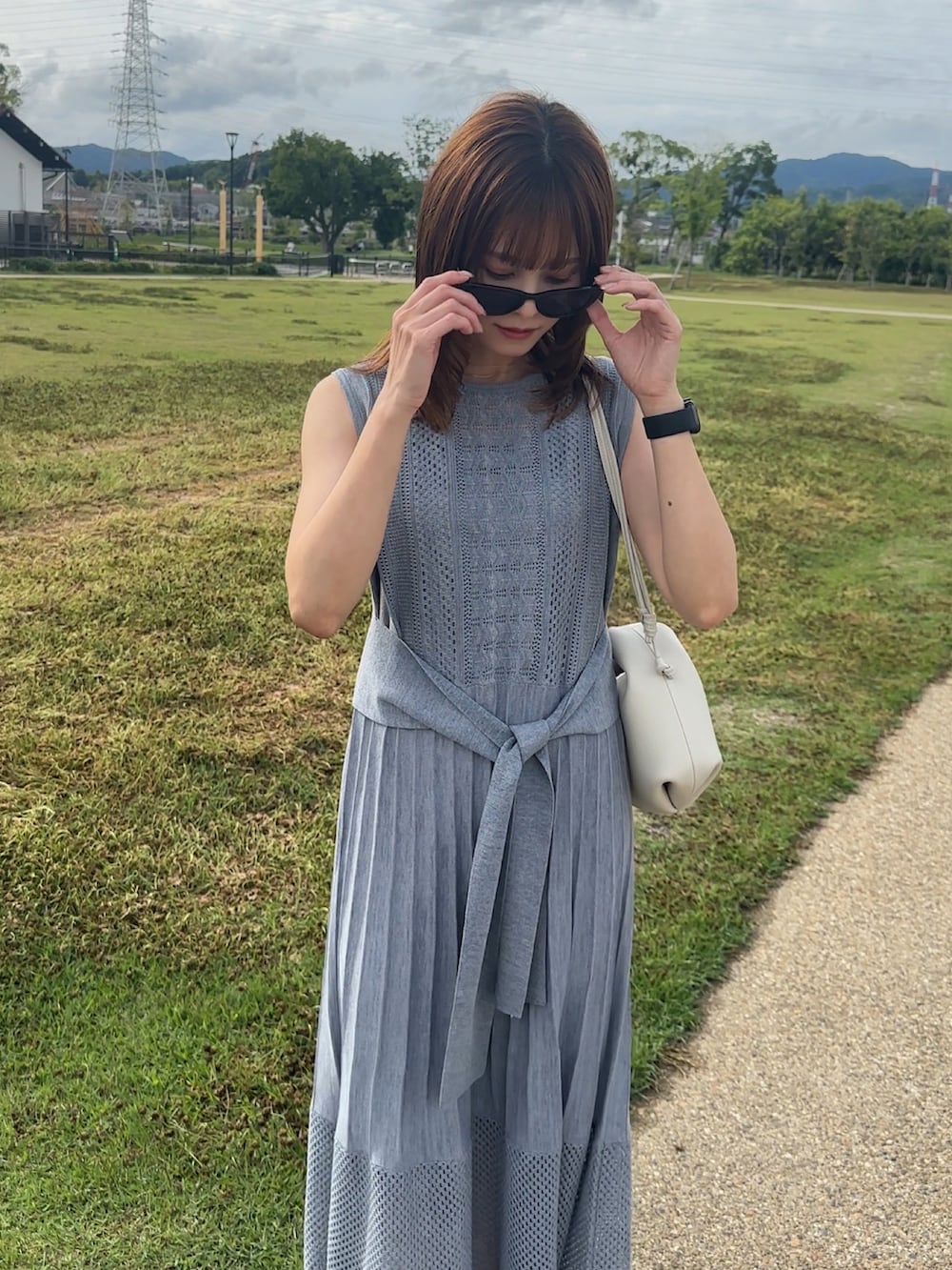 「このスタイルがお気に入り、休日コーデ、夏コーデ、ラグナムーン(LAGUNAMOON)、153cm、yunco_de、低身長」｜「LAGUNAMOONのストライプメッシュニットワンピース（ワンピース、ブルー系）」を使った、yunさん（レディース・153cm）の夏コーディネートの2枚目の写真