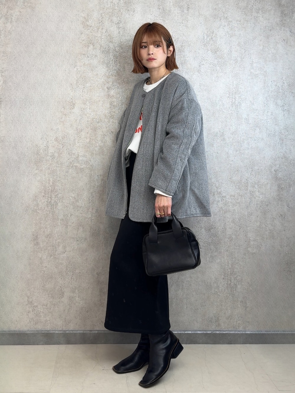 「冬を彩る色いろコーデ、今日のコーデ、着回しコーデ、153cm、yunco_de」｜「AMELYのAラインハーフコート（その他アウター、グレー系）」を使った、yunさん（レディース・153cm）の冬コーディネートの2枚目の写真