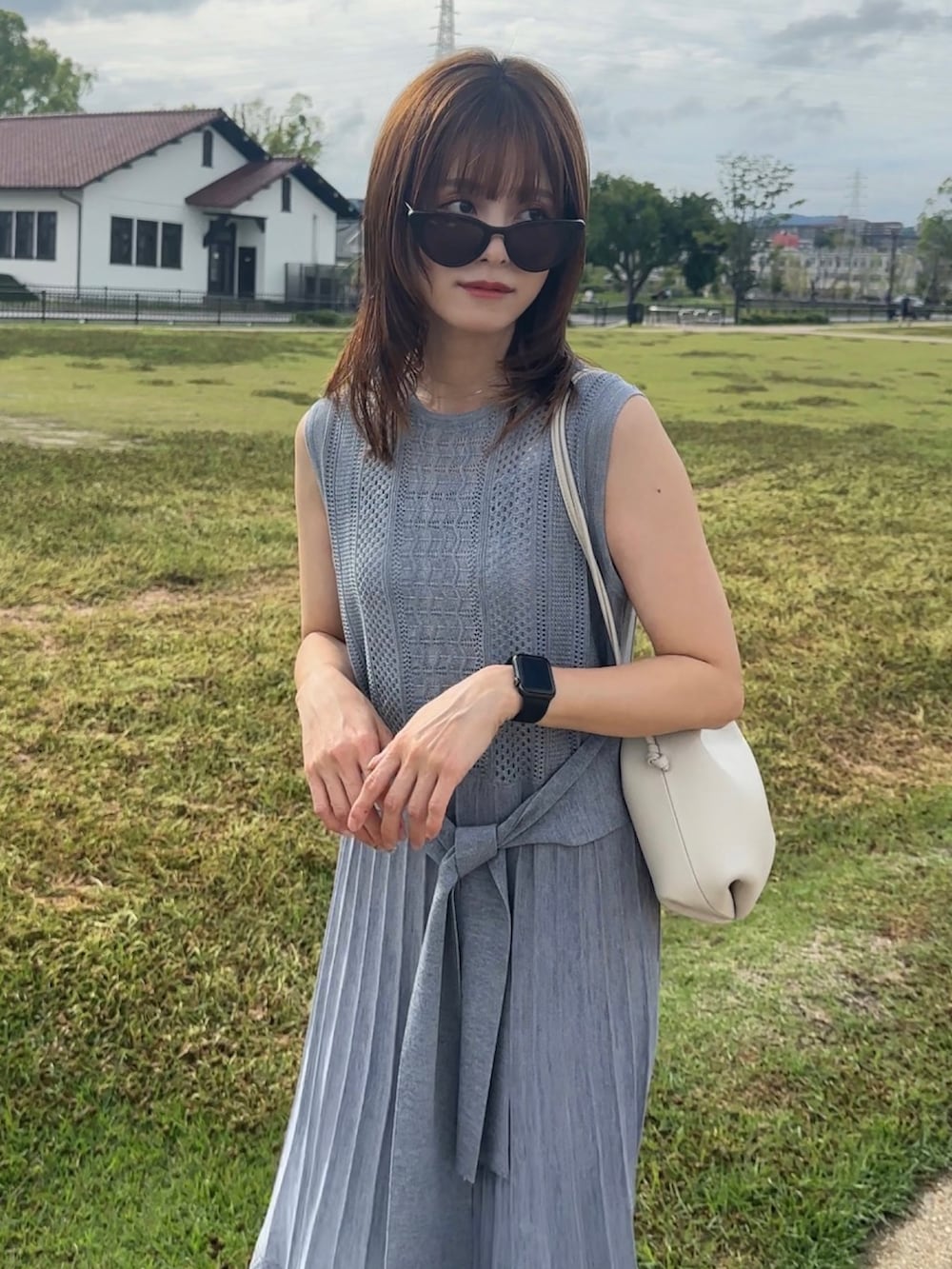「このスタイルがお気に入り、休日コーデ、夏コーデ、ラグナムーン(LAGUNAMOON)、153cm、yunco_de、低身長」｜「LAGUNAMOONのストライプメッシュニットワンピース（ワンピース、ブルー系）」を使った、yunさん（レディース・153cm）の夏コーディネートの5枚目の写真