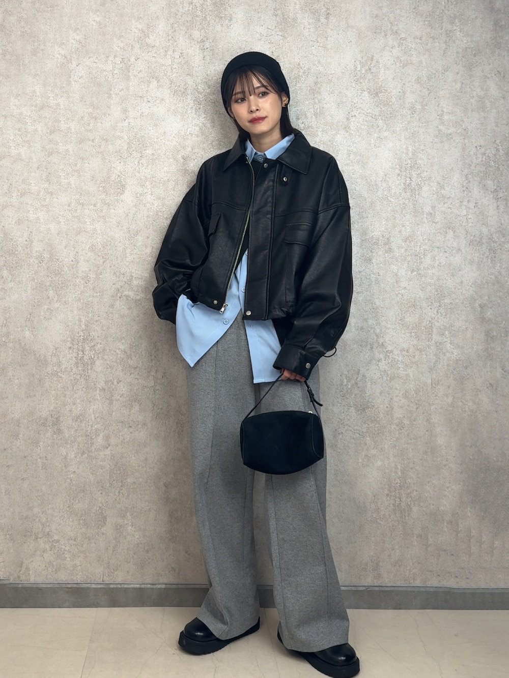 「最近のいい感じコーデ、yunco_de、GRL、UNIQLO、ザロウ」｜「Ungridのリブ編みニット帽（ニットキャップ/ビーニー、ブラック系）」を使った、yunさん（レディース・153cm）の冬コーディネートの2枚目の写真
