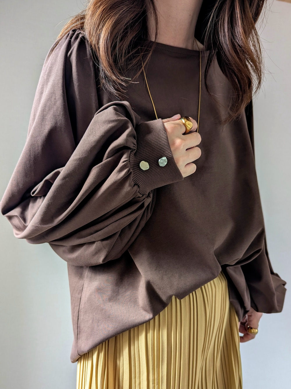 ブラウン系のTシャツ/カットソーを着用したレディースの秋コーディネートの2枚目の写真