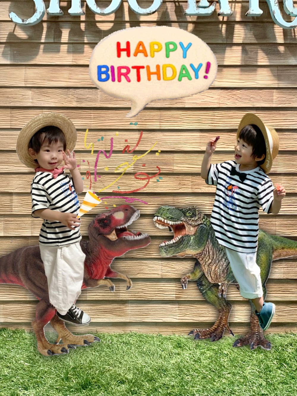 ベージュ系のTシャツ/カットソー、ホワイト系のサロペット/オーバーオール、グリーン系のスニーカーを着用したキッズの夏コーディネートの4枚目の写真