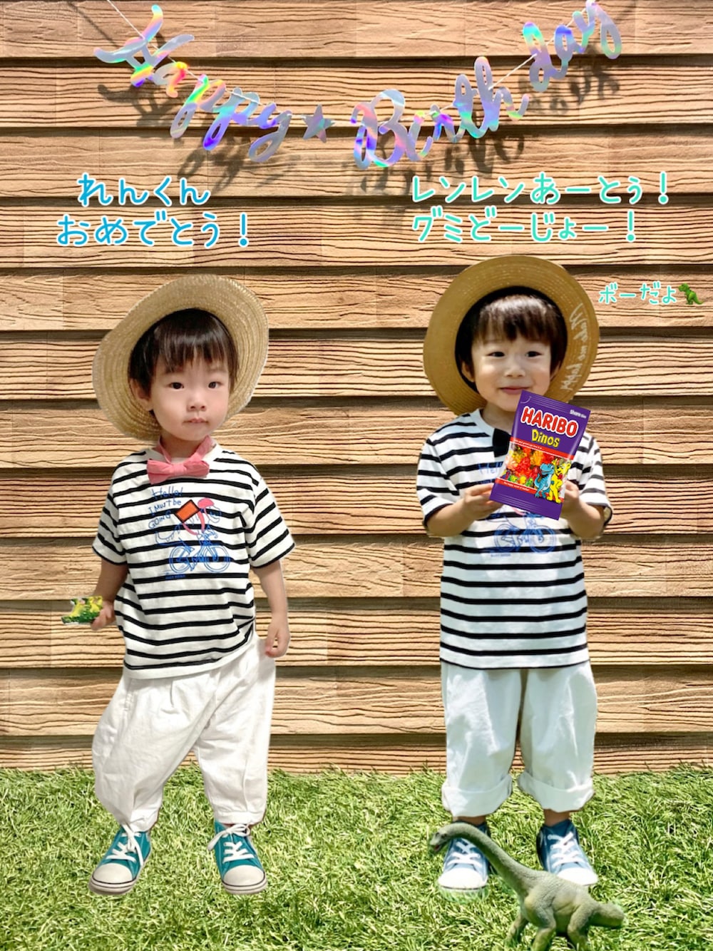 ベージュ系のTシャツ/カットソー、ホワイト系のサロペット/オーバーオール、グリーン系のスニーカーを着用したキッズの夏コーディネートの5枚目の写真