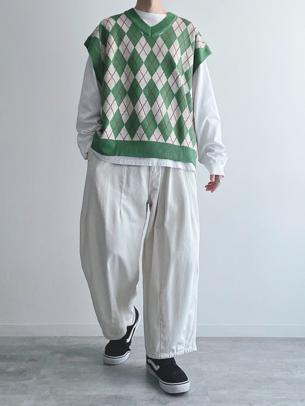 グリーン系のベスト、ホワイト系のTシャツ/カットソー、ベージュ系のパンツを着用したメンズの秋コーディネートの5枚目の写真