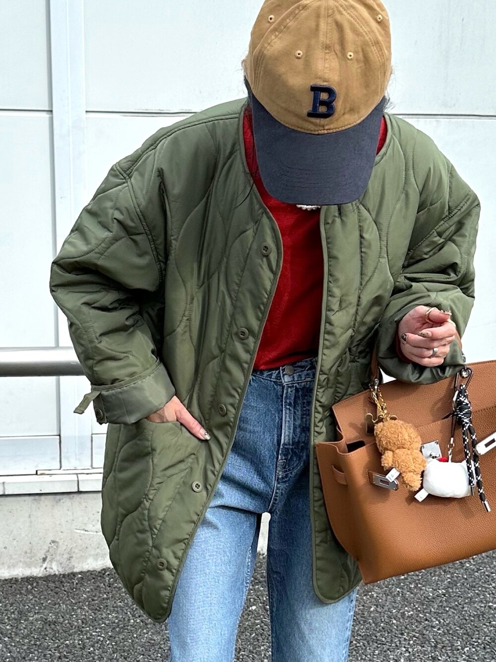 「キルティング、モッズコート、ライナージャケット、M65、詳細はInstagram」｜「coca（coca）のロゴ刺繍ベースボールキャップ（キャップ、ベージュ系）」を使った、amoriaさん（レディース・152cm）の秋コーディネートの3枚目の写真