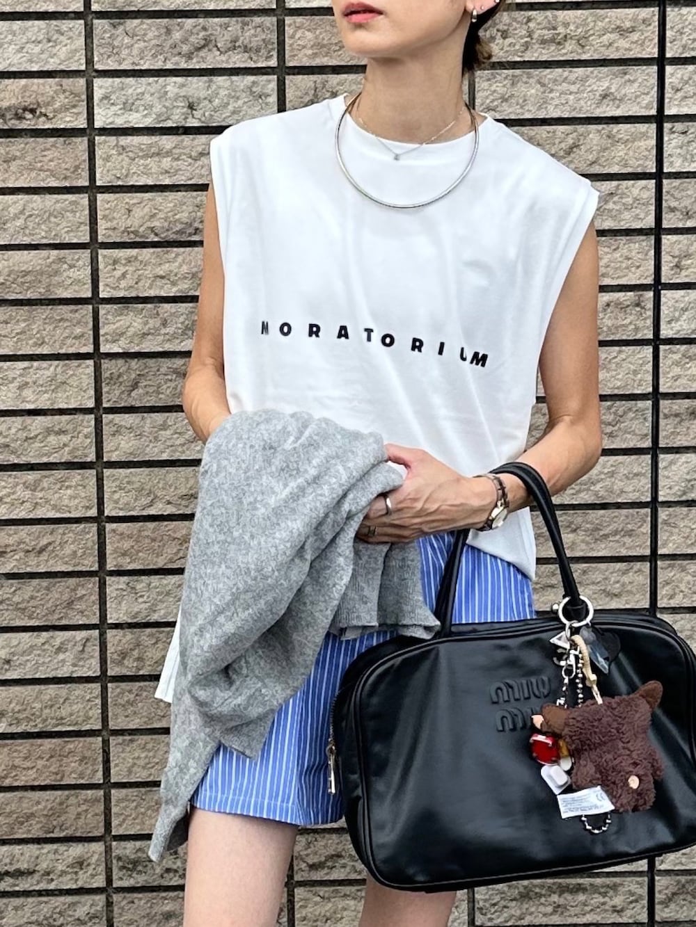 「フレンチスリーブ、ストライプパンツ、ショートパンツ、少年コーデ、詳細はInstagram」｜「ANAPのストライプ イージショートパンツ（その他パンツ、ブルー系）」を使った、amoriaさん（レディース・152cm）の夏コーディネートの4枚目の写真