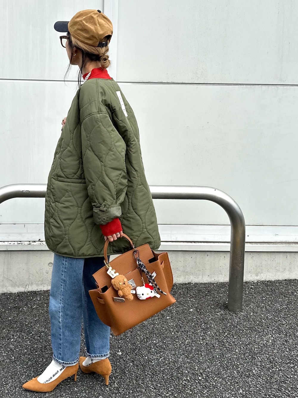 「キルティング、モッズコート、ライナージャケット、M65、詳細はInstagram」｜「coca（coca）のロゴ刺繍ベースボールキャップ（キャップ、ベージュ系）」を使った、amoriaさん（レディース・152cm）の秋コーディネートの4枚目の写真