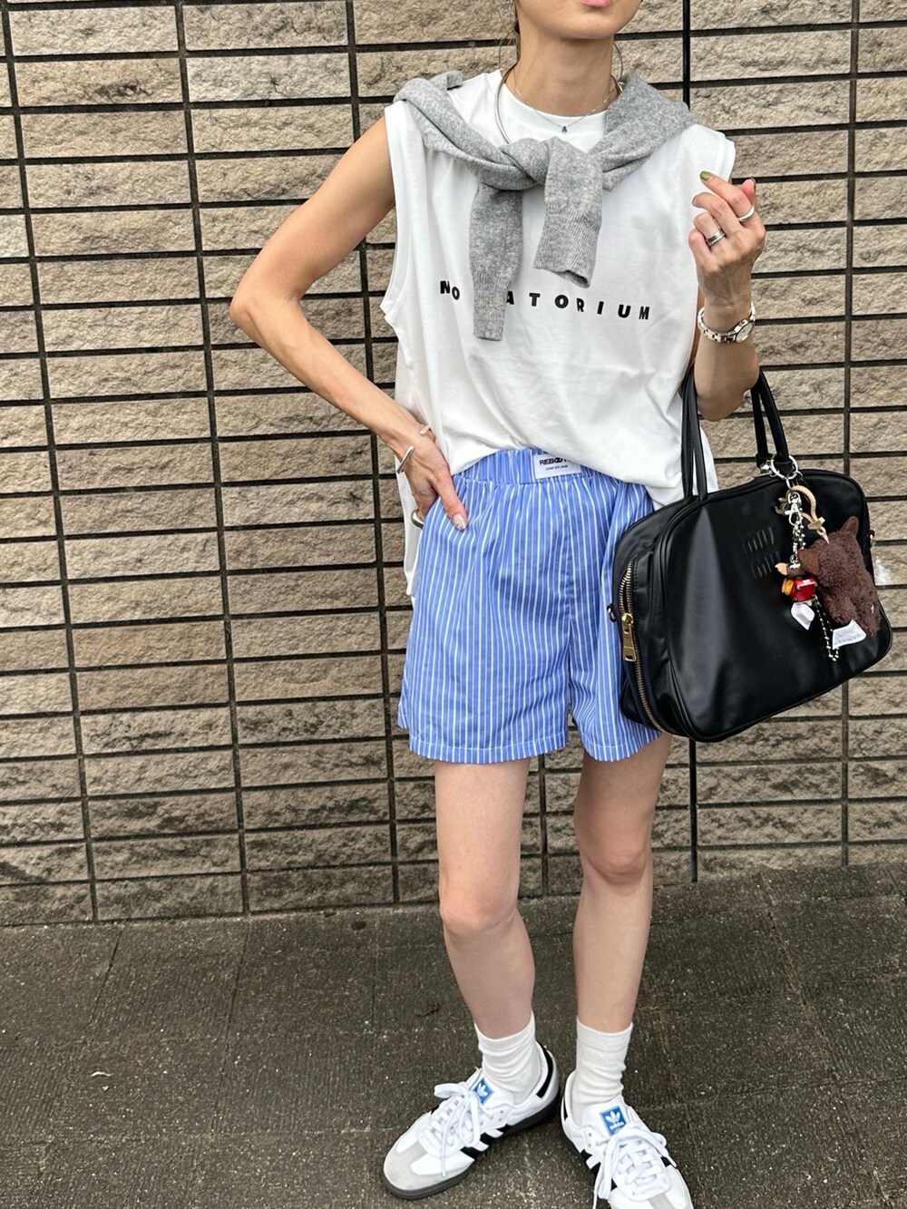 「フレンチスリーブ、ストライプパンツ、ショートパンツ、少年コーデ、詳細はInstagram」｜「ANAPのストライプ イージショートパンツ（その他パンツ、ブルー系）」を使った、amoriaさん（レディース・152cm）の夏コーディネートの2枚目の写真