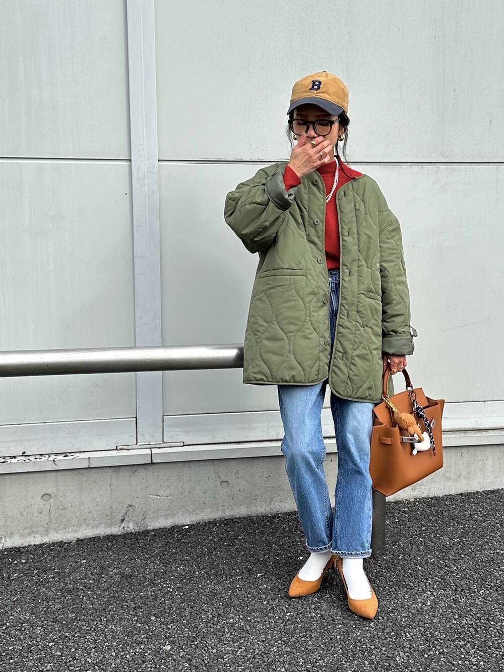 「キルティング、モッズコート、ライナージャケット、M65、詳細はInstagram」｜「coca（coca）のロゴ刺繍ベースボールキャップ（キャップ、ベージュ系）」を使った、amoriaさん（レディース・152cm）の秋コーディネートの2枚目の写真