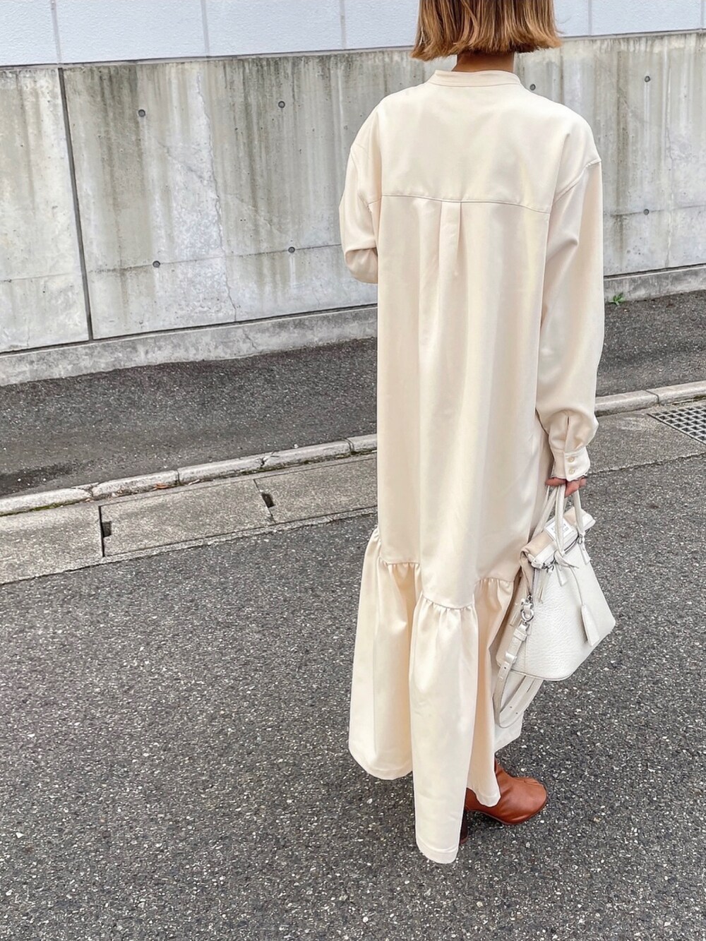 「詳細はInstagram、ティアードワンピース、ワンピース、スタンドカラーシャツ、シャツワンピース、ベスト、モッズコート、ミリタリーベスト、足袋ブーツ」｜「w closetのハイネックミリタリーベスト（ベスト、グリーン系）」を使った、amoriaさん（レディース・152cm）の秋コーディネートの4枚目の写真
