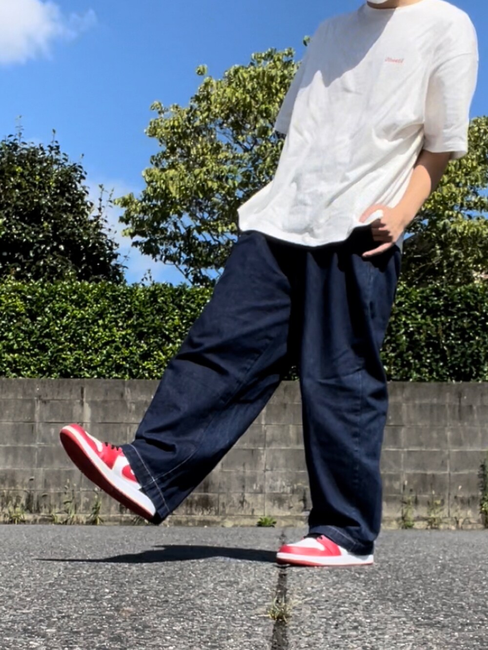 ホワイト系のTシャツ/カットソー、ブルー系のデニムパンツ、レッド系のスニーカーを着用したメンズの夏コーディネートの2枚目の写真