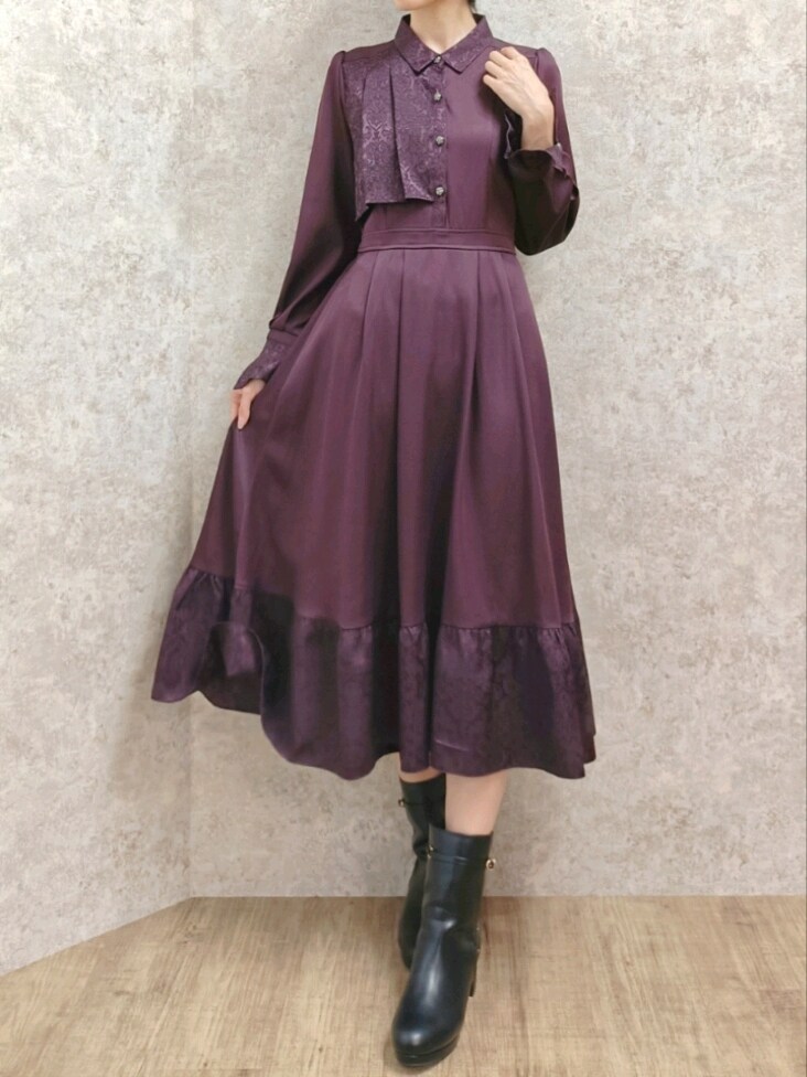 「axes femme、ファー、ファーコート、ショートコート、モード、ジャカード、ダブルジップ、ブーツ、ワンピース、シャツワンピ、お出かけコーデ、キレイめ、きれいめカジュアル、高身長女子、おしゃれさんと繋がりたい」｜「axes femmeのショートファーコート（ピーコート、ブラック系）」を使った、Hanaさん（レディース・168cm）の秋コーディネートの5枚目の写真