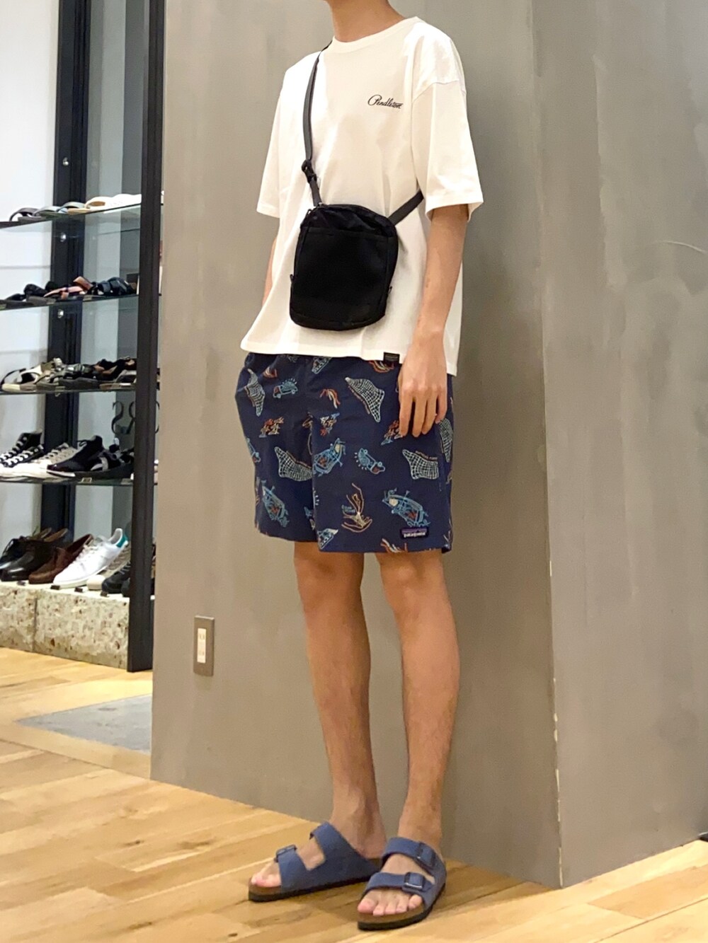 ホワイト系のTシャツ/カットソー、ブラック系のショルダーバッグ、ブルー系のサンダルを着用したメンズの夏コーディネートの2枚目の写真