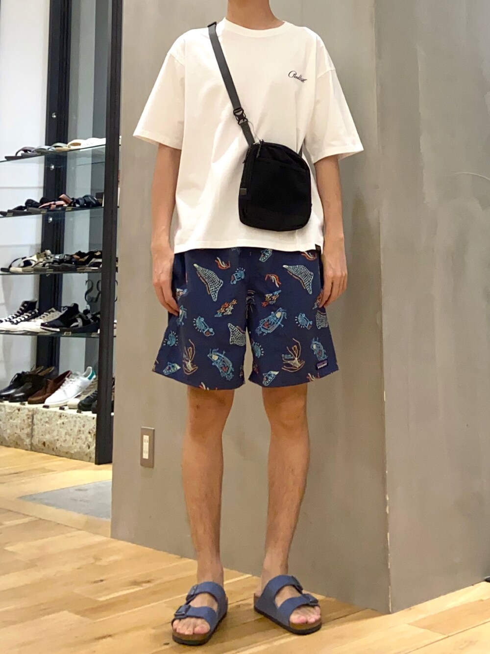 ホワイト系のTシャツ/カットソー、ブラック系のショルダーバッグ、ブルー系のサンダルを着用したメンズの夏コーディネートの3枚目の写真