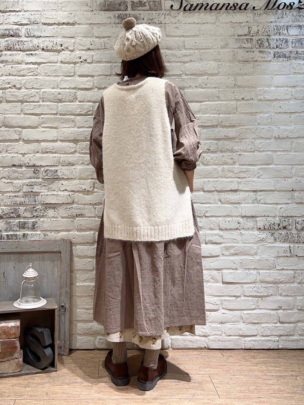 ホワイト系のTシャツ/カットソー、ホワイト系のベスト、ブラウン系のワンピースを着用したレディースの冬コーディネートの5枚目の写真