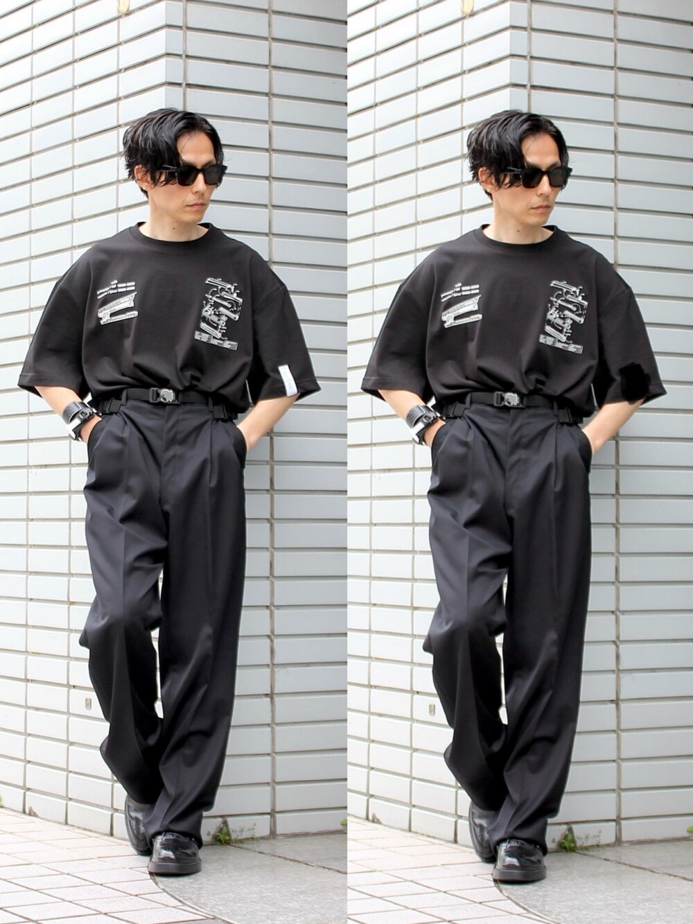 ブラック系のスラックス、ブラック系のドレスシューズ、ブラック系のサングラスを着用したメンズの夏コーディネートの2枚目の写真