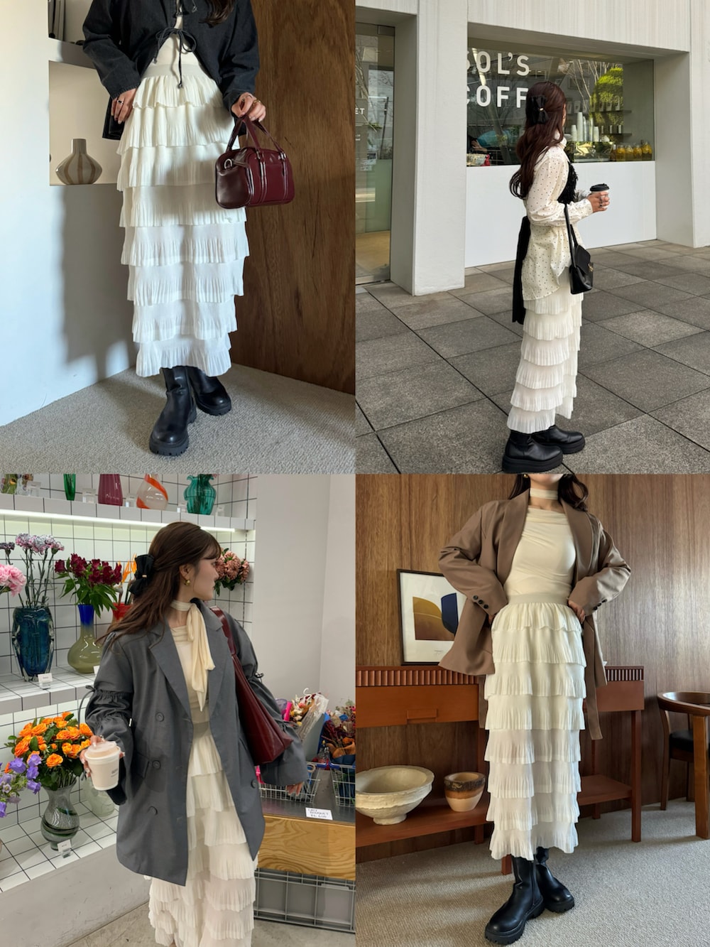 ベージュ系のスカート、ブラウン系のテーラードジャケット、ブルー系のデニムパンツを着用したレディースの冬コーディネートの2枚目の写真