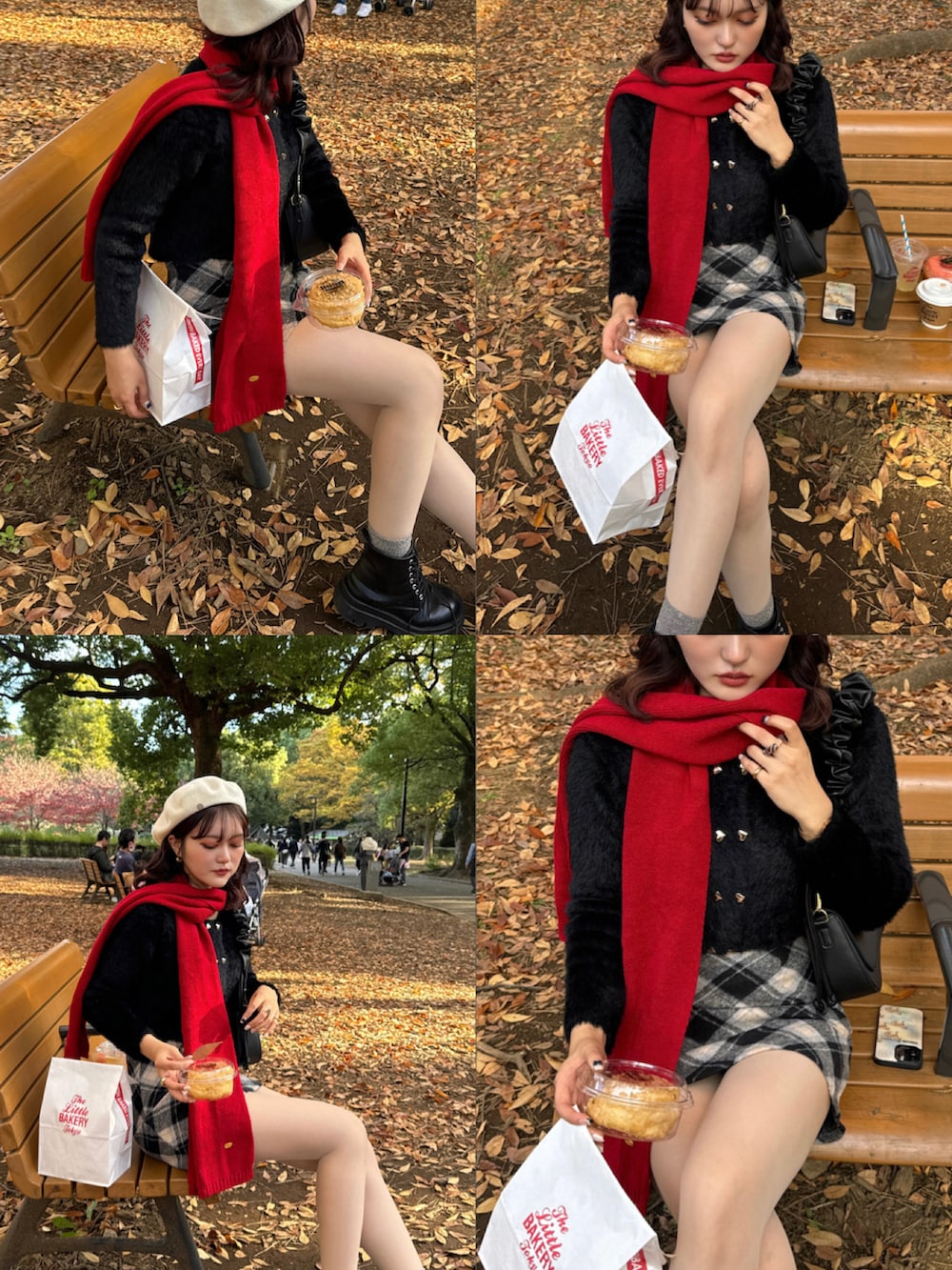 ブラック系のニット/セーター、グリーン系のブルゾン、ブラック系のハンドバッグを着用したレディースの秋コーディネートの5枚目の写真