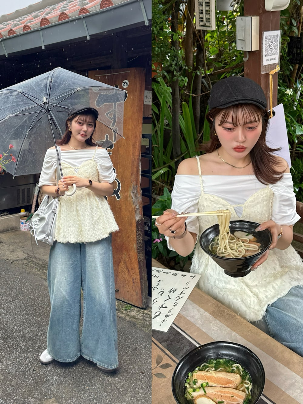 ブルー系のデニムパンツ、ブラック系のハンドバッグ、ホワイト系のTシャツ/カットソーを着用したレディースの夏コーディネートの2枚目の写真