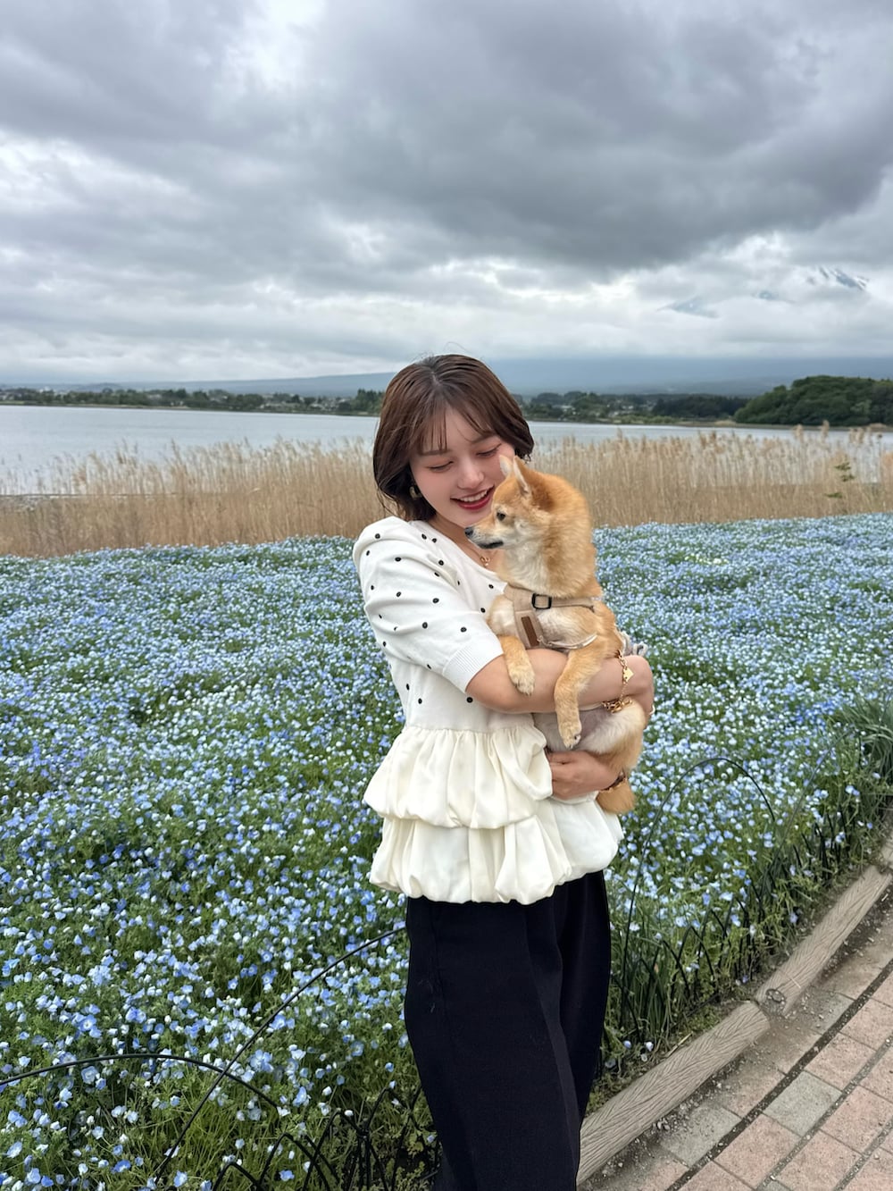 ホワイト系のニット/セーター、ブラウン系のショルダーバッグ、ホワイト系のスニーカーを着用したレディースの春コーディネートの3枚目の写真