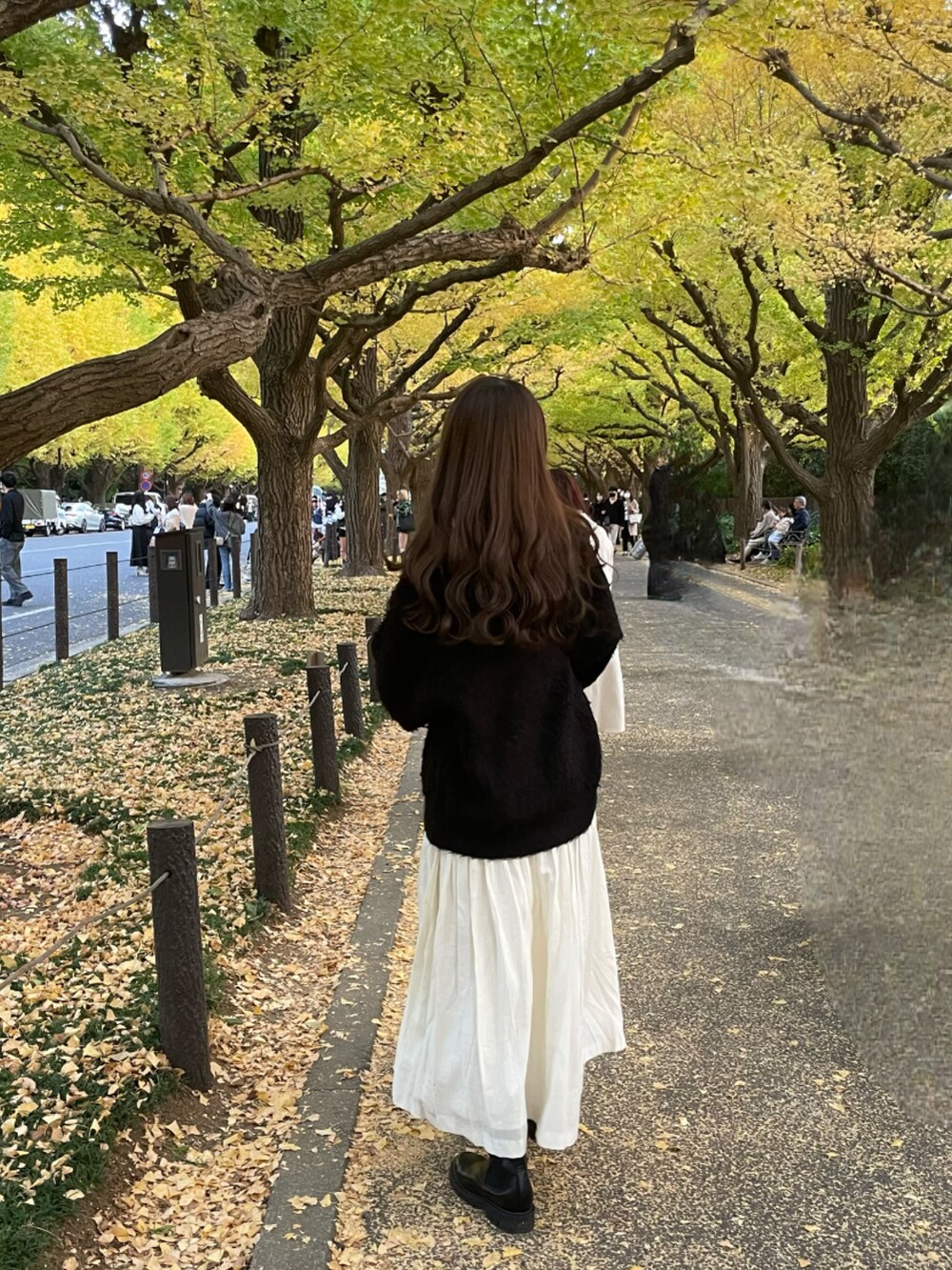 「モノトーン、モノトーンコーデ、秋コーデ、シャギーニット、休日スタイル、サイドゴアブーツ、mystic、ティアードスカート、ロングスカート」｜「mysticのウール混クルーVニット（ニット/セーター、ブラック系）」を使った、Riさん（レディース・156cm）の秋コーディネートの3枚目の写真