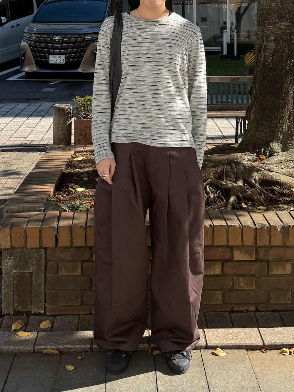 グレー系のTシャツ/カットソー、ブラウン系のその他パンツ、グレー系のハンドバッグを着用したメンズの秋コーディネートの5枚目の写真