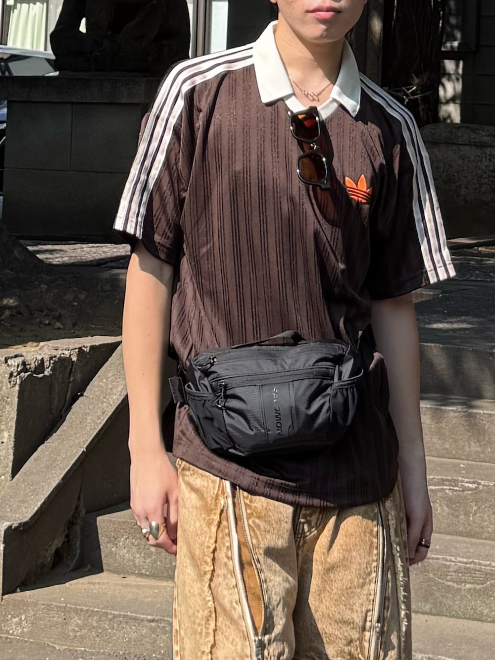 ブラウン系のTシャツ/カットソー、ベージュ系のその他パンツ、ブラック系のボディバッグ/ウエストポーチを着用したメンズの秋コーディネートの2枚目の写真