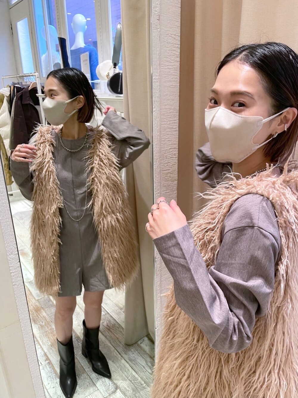 「秋服、オトナカジュアル、秋コーデ、秋色コーデ、おしゃれさんと繋がりたい、低身長、ファーベスト、オールインワン、サロペット、ベスト、ファーベストコーデ、低身長女子、ブラウンコーデ、ブラウン色に染まれ、カジュアル」｜「mysticの【2022AW】フェイクファーロングベスト（ベスト、ベージュ系）」を使った、okada sakiさん（レディース・150cm）の秋コーディネートの2枚目の写真
