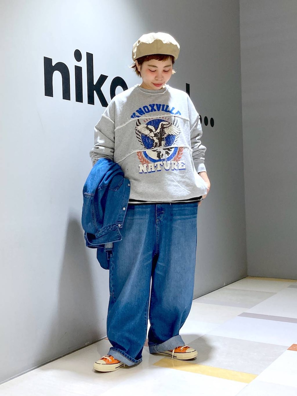 「低身長、ユニセックス、体型カバー」｜「niko and...のミニパイルステッチプルオーバー（Tシャツ/カットソー、ホワイト系）」を使った、タゾエさん（レディース・155cm）の冬コーディネートの2枚目の写真