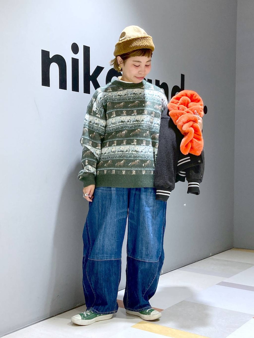 「低身長、体型カバー、ユニセックス」｜「niko and...のウーリーテックスタジャン（スタジャン、グレー系）」を使った、タゾエさん（レディース・155cm）の冬コーディネートの3枚目の写真