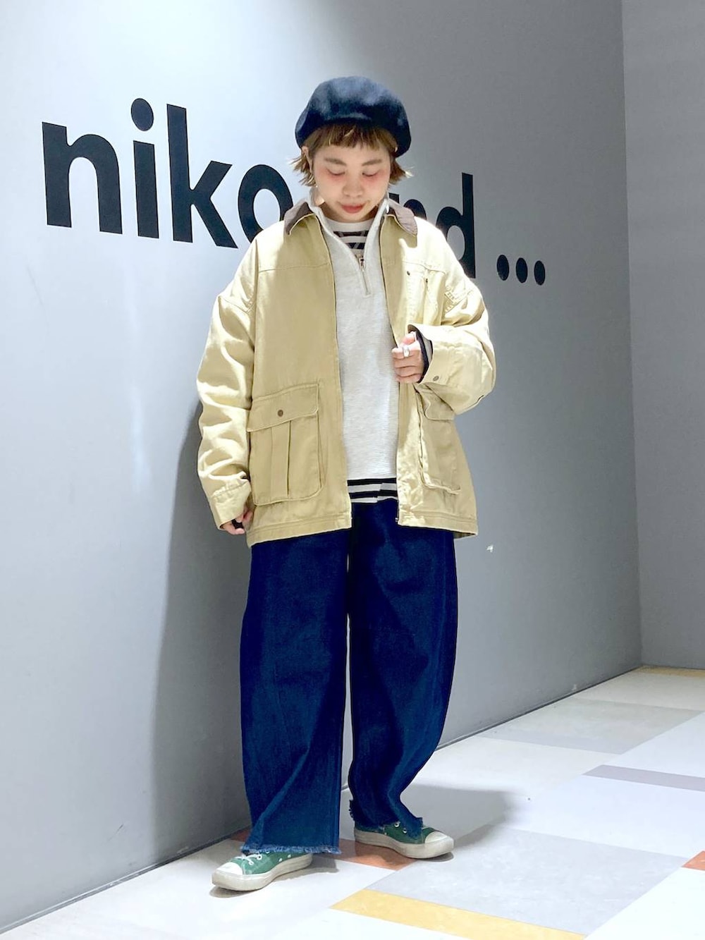 「低身長、体型カバー、ユニセックス」｜「niko and...のオリジナルカラーベレー帽（ハンチング/ベレー帽、ブラック系）」を使った、タゾエさん（レディース・155cm）の冬コーディネートの4枚目の写真