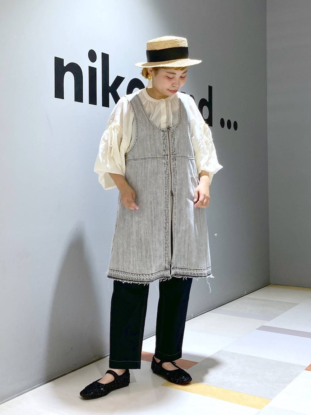 「低身長、体型カバー、ユニセックス」｜「niko and...のオリジナルスパンコールカンフーシューズ（バレエシューズ、ブラック系）」を使った、タゾエさん（レディース・155cm）の夏コーディネートの4枚目の写真