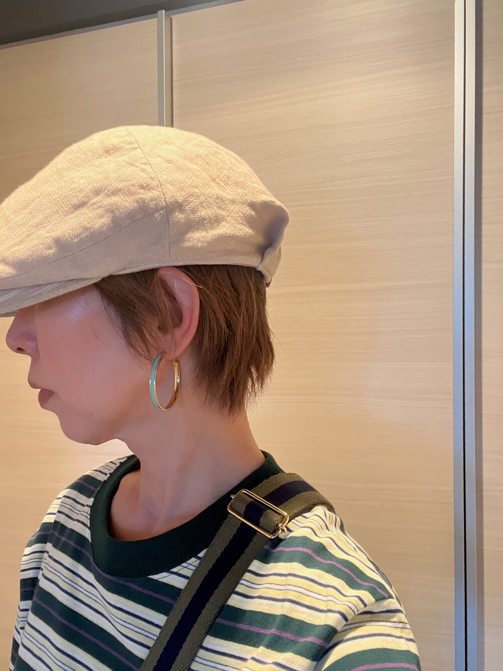 「休日スタイル、ボーダートップス、ボーダーTシャツ、ボーダー✖️チノ、ベージュコーデ、おしゃれさんと繋がりたい、ハンチングコーデ」｜「Pal'las Palaceのアイテム（チノパンツ、ベージュ系）」を使った、myu♡（相互フォロー）さん（レディース・161cm）の春コーディネートの3枚目の写真