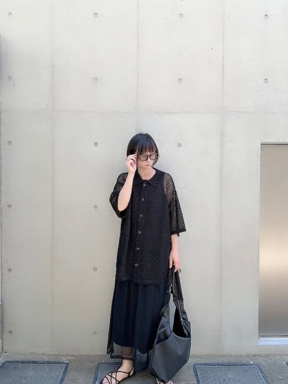 「夏ルックで気分アップ、メッシュ、メッシュシャツ、PR、confirm、レイヤードスタイル、GU、シアートップス、オトナカジュアル、大人カジュアル」｜「Confirmの25SS スパンコール メッシュシャツ ユニセックス（シャツ/ブラウス、ブラック系）」を使った、なな☺︎さん（骨格ナチュラル・レディース・155cm）の夏コーディネートの5枚目の写真