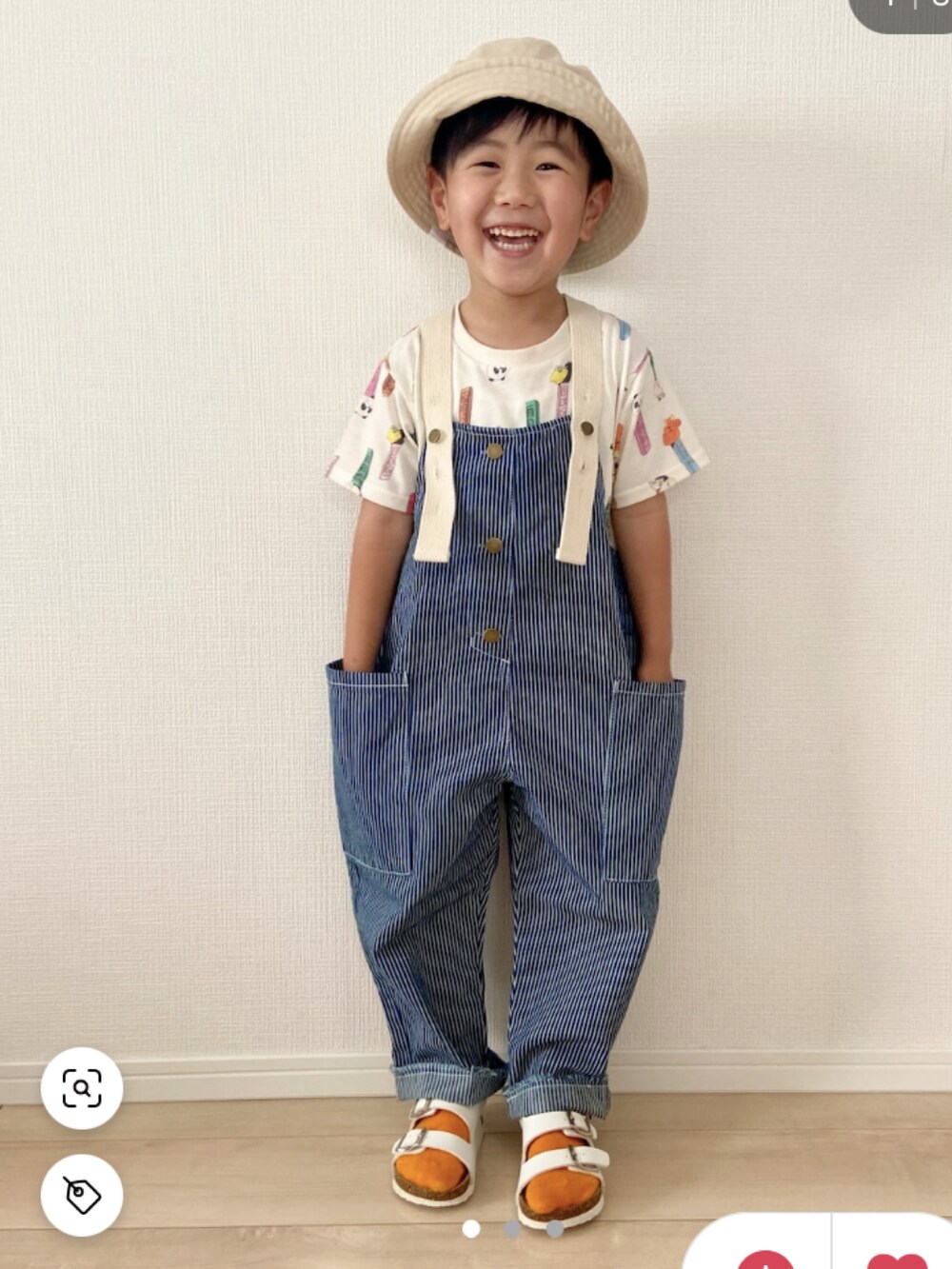 「おとこのこーで、ベレー帽、オーバーオール、ヒッコリー、リフト、ごきげんウィーク、ZOZOKIDSDAY、サンダル、春夏コーデ」｜「THE  OTOGIBANASHI...SUPPLYのアイテム（ハンチング/ベレー帽、その他）」を使った、S♡K♡K♡さん（キッズ・110cm）の春コーディネートの2枚目の写真