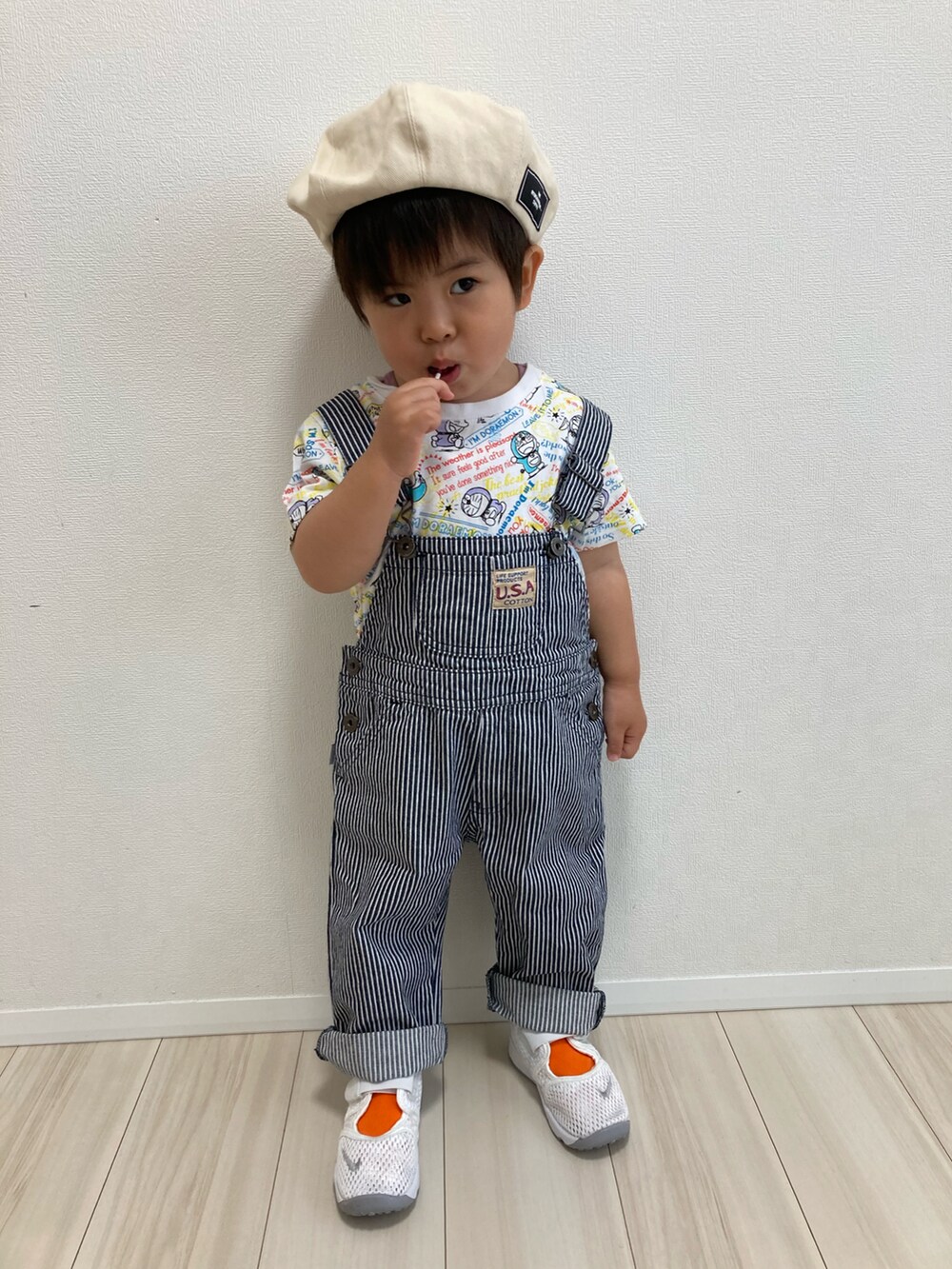 「おとこのこーで、ベレー帽、オーバーオール、ヒッコリー、リフト、ごきげんウィーク、ZOZOKIDSDAY、サンダル、春夏コーデ」｜「THE  OTOGIBANASHI...SUPPLYのアイテム（ハンチング/ベレー帽、その他）」を使った、S♡K♡K♡さん（キッズ・110cm）の春コーディネートの3枚目の写真