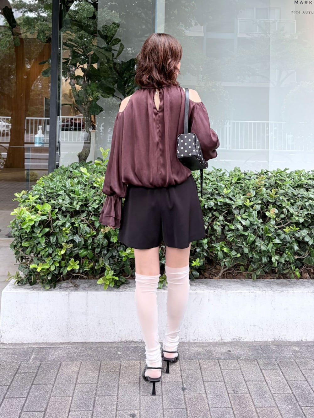 ブラック系のハンドバッグ、ブラック系のその他パンツ、ブラウン系のシャツ/ブラウスを着用したレディースの秋コーディネートの4枚目の写真