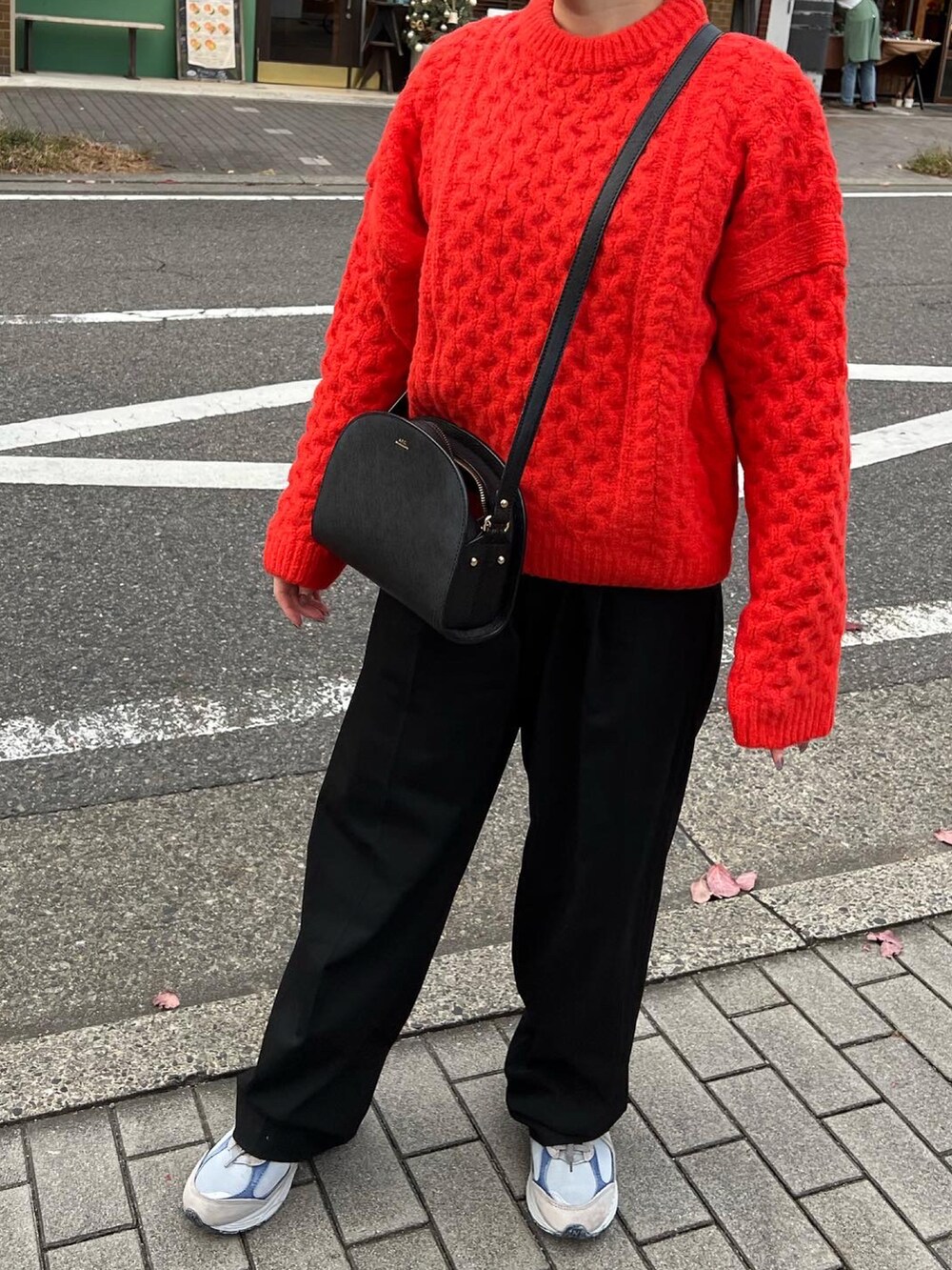 ブラック系のパンツ、グレー系のスニーカー、ブラック系のショルダーバッグを着用したレディースの秋コーディネートの2枚目の写真