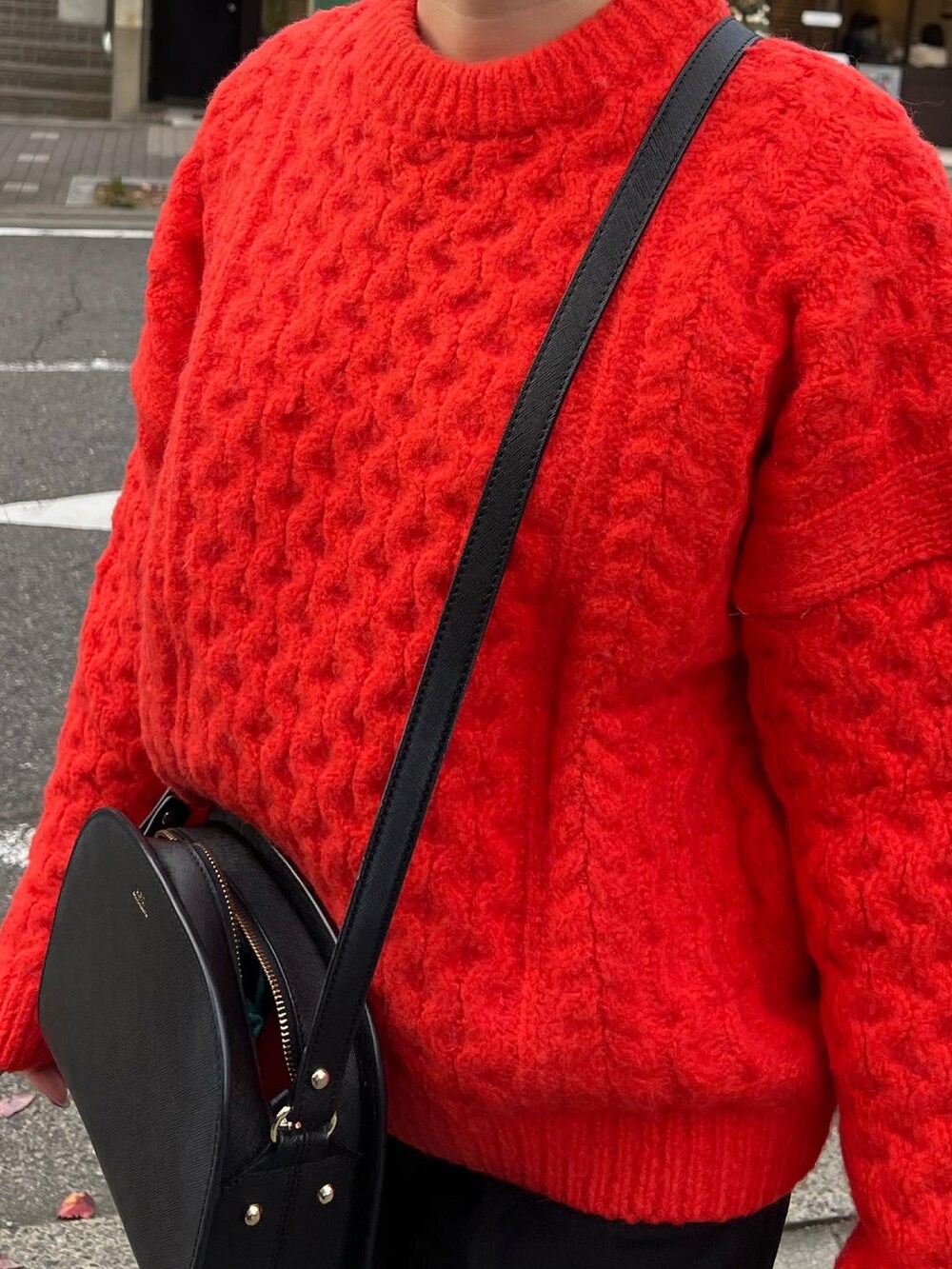 ブラック系のパンツ、グレー系のスニーカー、ブラック系のショルダーバッグを着用したレディースの秋コーディネートの5枚目の写真