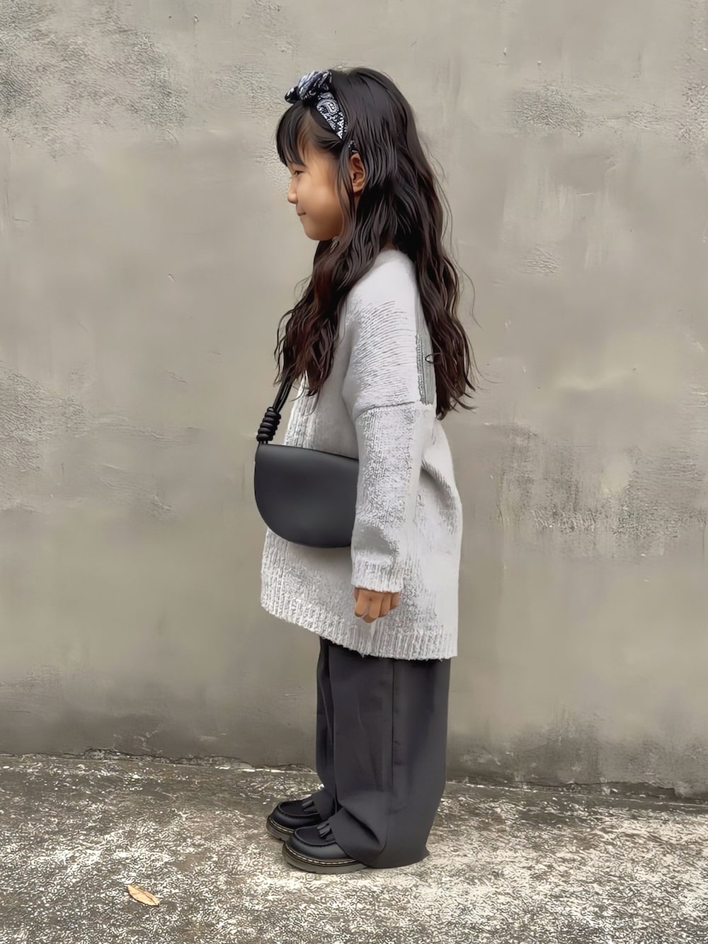 ブラック系のショルダーバッグ、ブラック系のローファー、ブラック系のトップスを着用したキッズの秋コーディネートの4枚目の写真