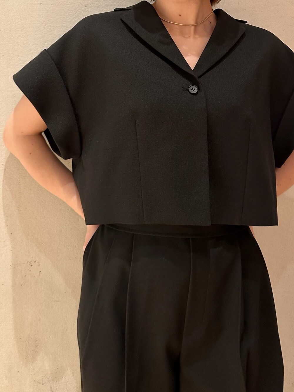 ブラック系のスラックス、ブラック系のニット/セーター、ブラック系のテーラードジャケットを着用したレディースの春コーディネートの4枚目の写真