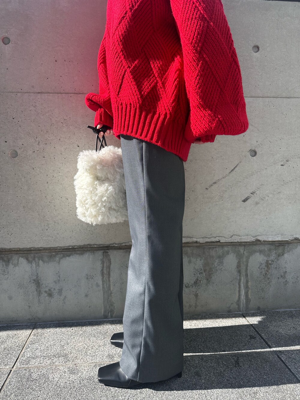 ブラック系のその他アウター、レッド系のニット/セーター、グレー系のその他パンツを着用したレディースの冬コーディネートの10枚目の写真