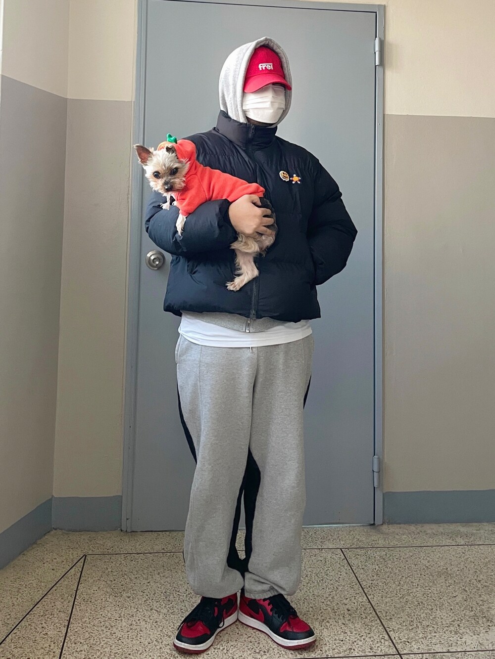 ブラック系のMA-1、グレー系のスウェットパンツ、レッド系のスニーカーを着用したメンズの冬コーディネートの2枚目の写真