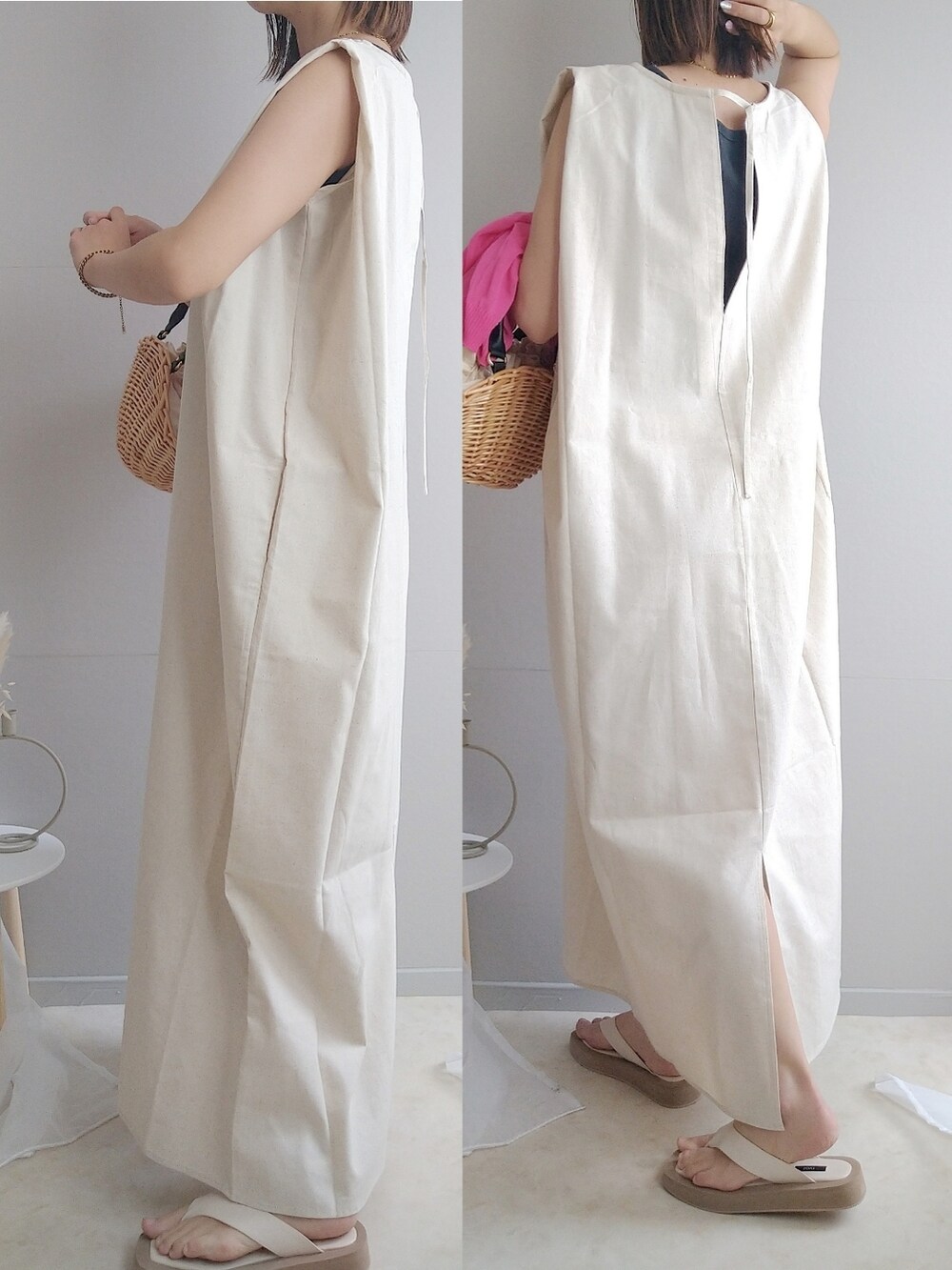 ベージュ系のバッグ、ピンク系のカーディガン/ボレロ、ホワイト系のワンピースを着用したレディースの春コーディネートの2枚目の写真