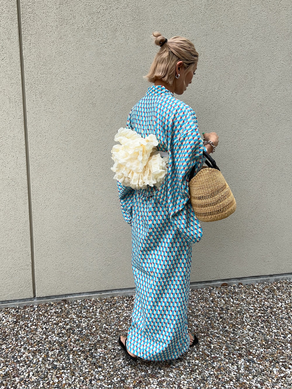 「浴衣、浴衣女子、夏コーデ、大人カジュアル、大人コーデ、158cm、骨格ナチュラル、30代コーデ、ゆかた」｜「collexのアイテム（かごバッグ、ベージュ系）」を使った、12anna23さん（レディース・158cm）の春コーディネートの2枚目の写真
