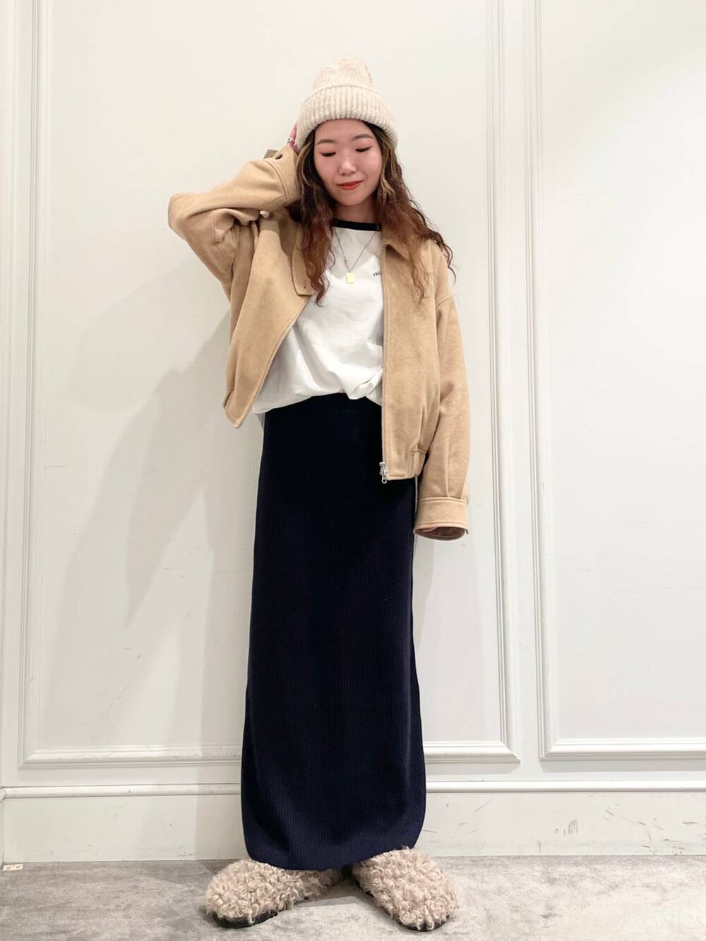 「ベーシック/シンプル、着痩せ・細見え、女子ウケ」｜「FRATELLI TALLIの【FRATELLI TALLI】ニットCAP（ニットキャップ/ビーニー、ベージュ系）」を使った、pocustagramさん（レディース・162cm）の冬コーディネートの3枚目の写真