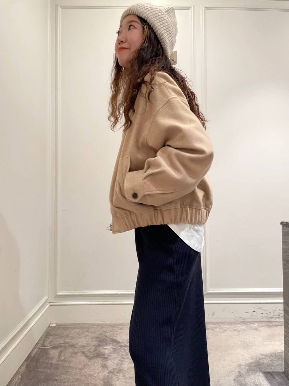「ベーシック/シンプル、着痩せ・細見え、女子ウケ」｜「FRATELLI TALLIの【FRATELLI TALLI】ニットCAP（ニットキャップ/ビーニー、ベージュ系）」を使った、pocustagramさん（レディース・162cm）の冬コーディネートの7枚目の写真