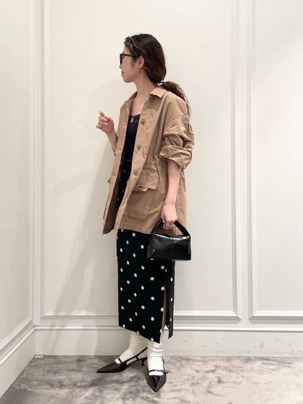 「着痩せ・細見え、ベーシック/シンプル、女子ウケ」｜「BABYLONEのフレンチフィールドジャケット（ミリタリージャケット、イエロー系）」を使った、pocustagramさん（レディース・162cm）の秋コーディネートの3枚目の写真
